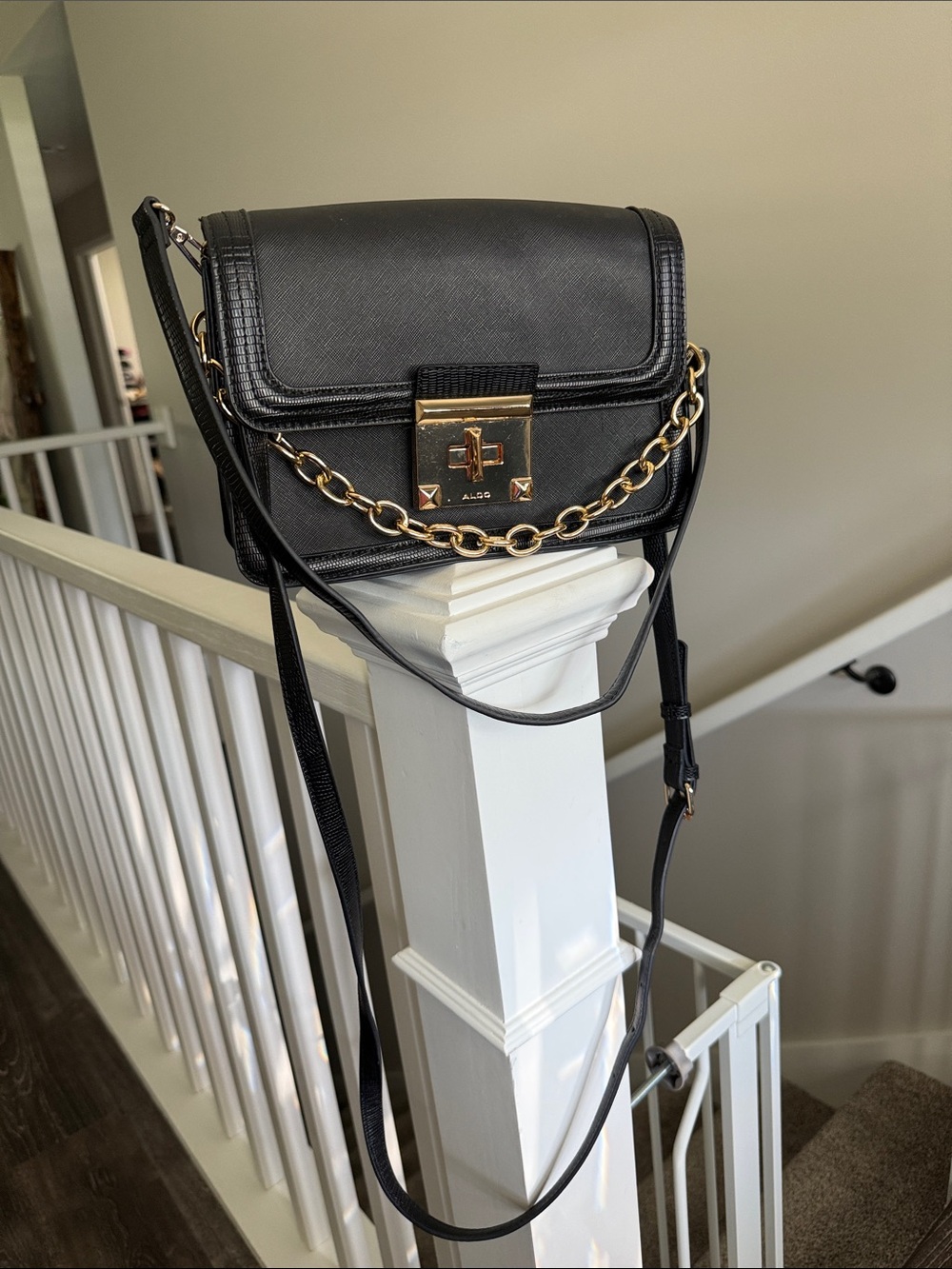 ALDO Black Crossbody Bag with Gold Chain and Lock Faux Leather